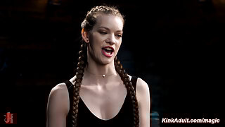 Tall brunette slave gets soles and pussy whipped