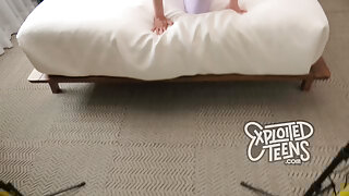 Wholesome brunette teen with DD tits licks ass and sucks cock