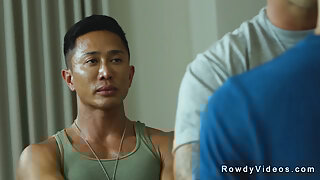 Gay couple anal fuck recruit threesome at home